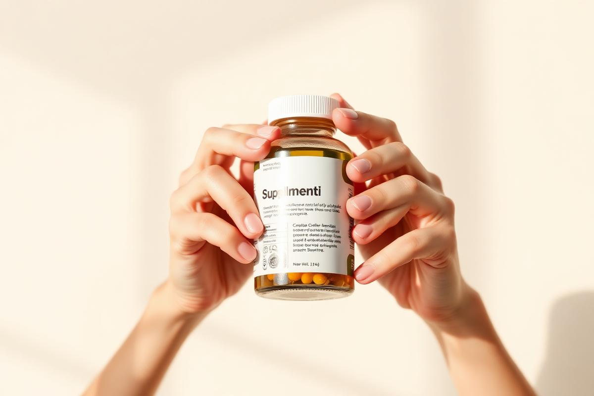 Hands holding a supplement bottle and reading its label
