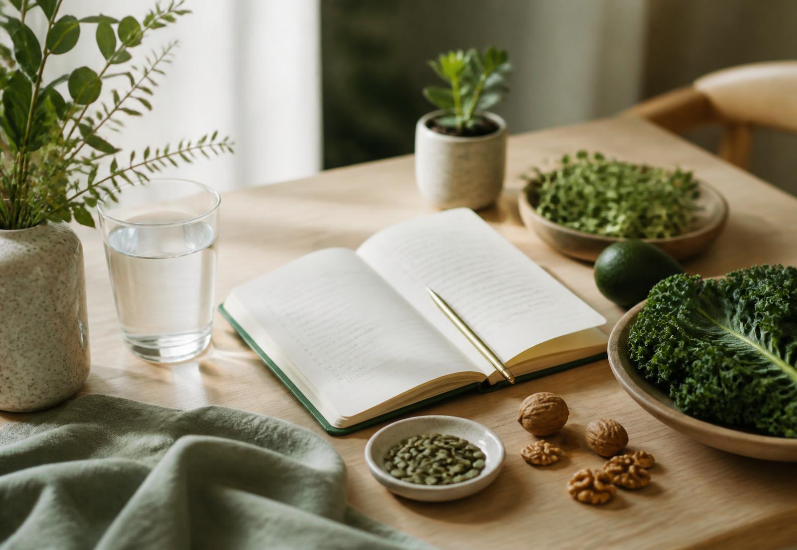 Notebook, fresh greens and a glass of water on a bright wooden desk