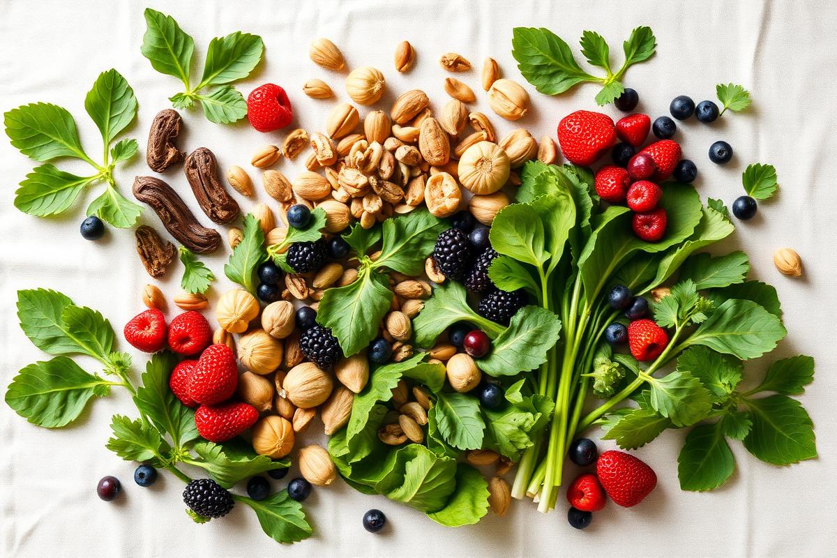 Greens, nuts and berries arranged on pale linen