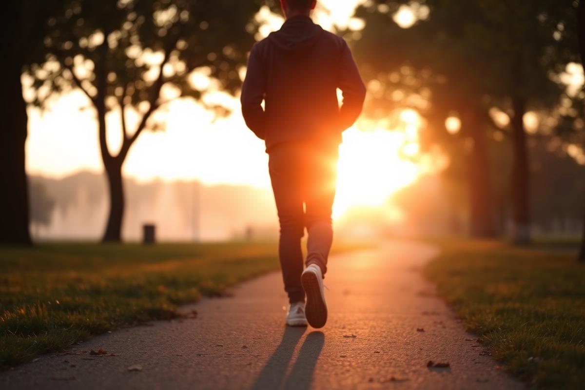 Person walking on a quiet park path at sunrise